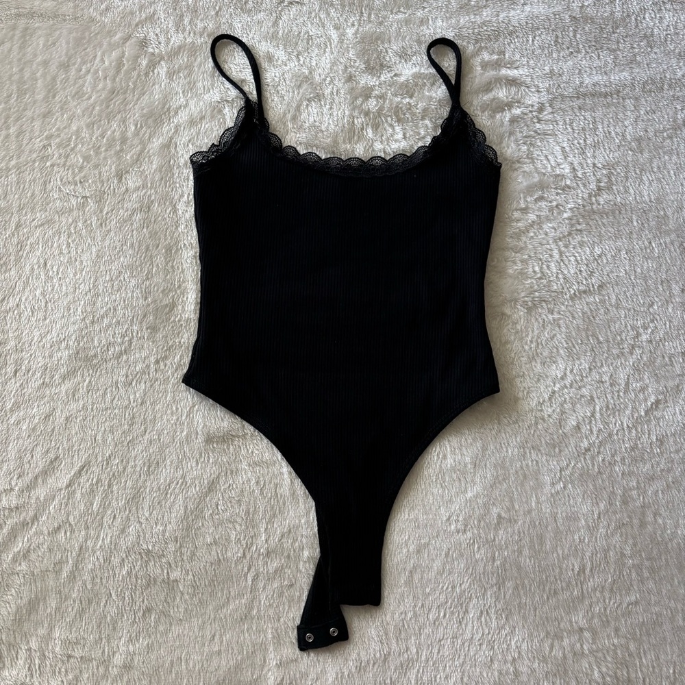 Windsor Black Ribbed Bodysuit with Lace Detail